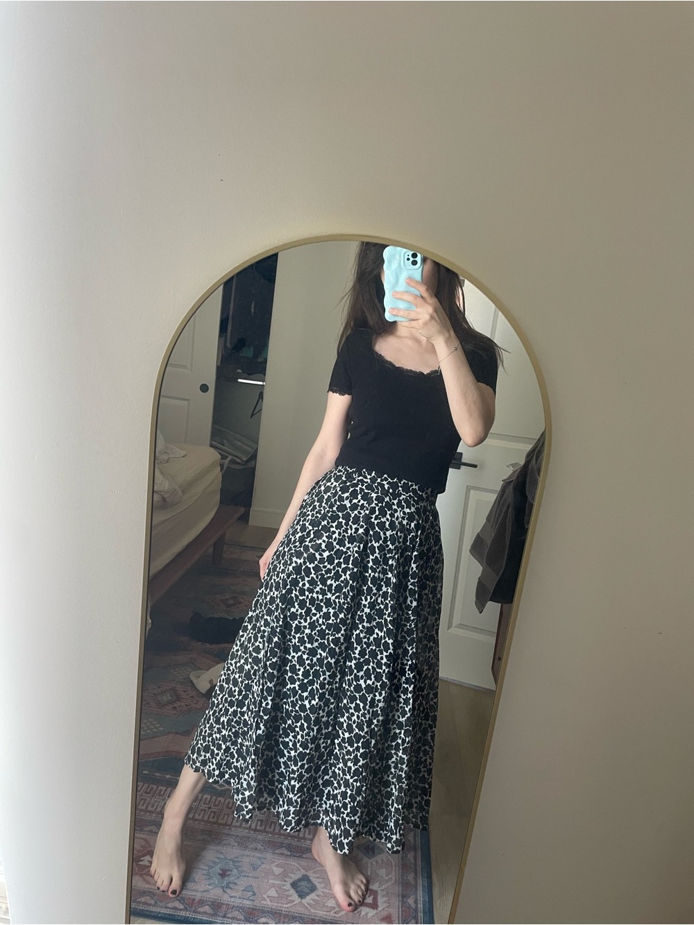 Vintage Jaeger Black & White Floral A-Line Midi Skirt - Women